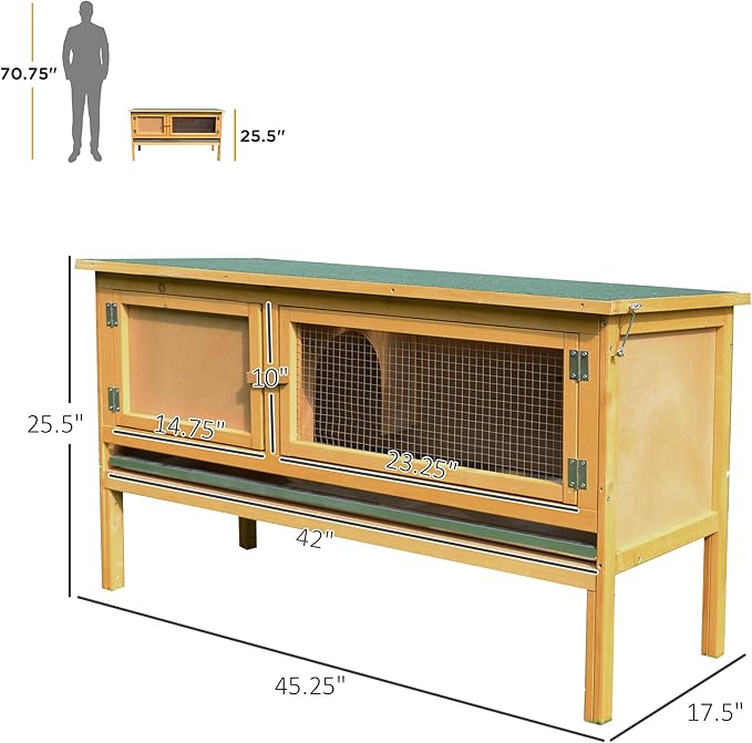PawHut Wooden Rabbit Hutch Bunny Cage with Openable Waterproof Roof, No Leak Tray Sturdy Fir Wood Build for Indoor/Outdoor