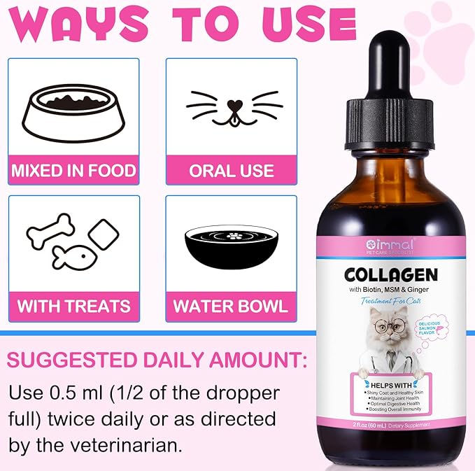 Collagen for Cats, Cat Collagen Liquid Drops for Cats with Biotin, MSM & Ginger Digestive & Immunity Support, Itch Relief, Skin & Coat and Joint Health, Cat Supplement 60ml 