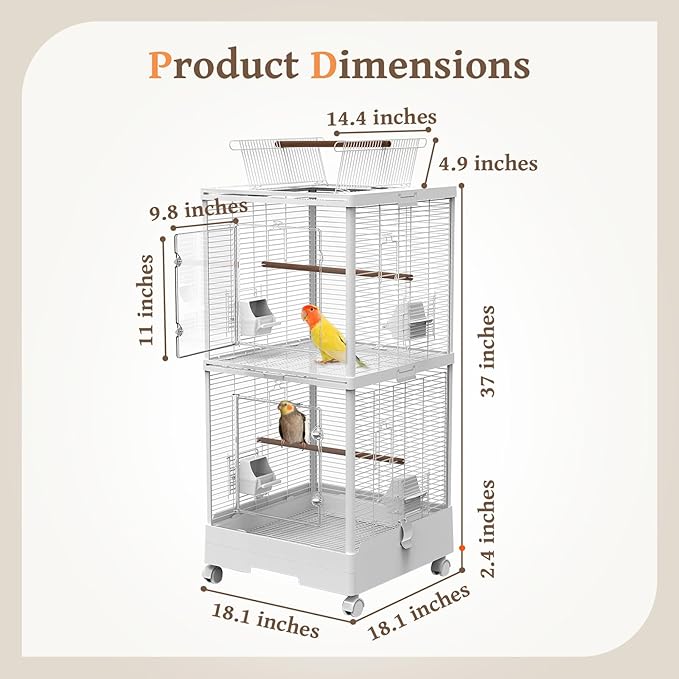 2-in-1 Dividable Double Flight Cage, Tall Bird Cage with Play Top & Clear View Front for Parakeets, Cockatiels, Lovebirds, 2-Level Breeder Cage on Wheels with 0.4" Bar Spacing & Accessories