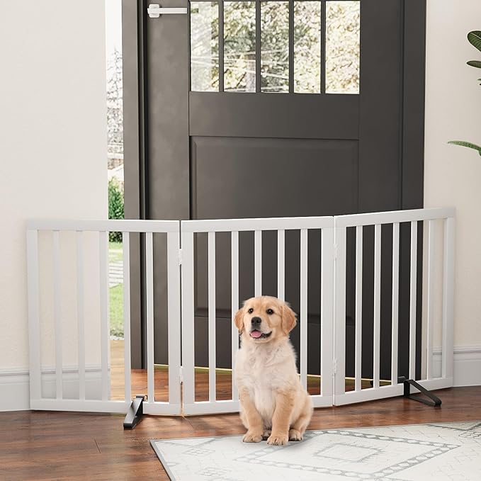 Dog Gate, Bamboo Freestanding Dog Gates for Doorways, Foldable Dog Gate Indoor, Pet Gates for Doorways Bedroom, Puppy Gate with Metal Support Feet, Room Divider 3 Panels (White)