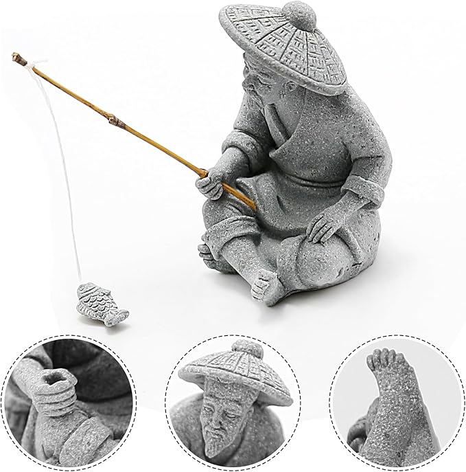2PCS Sitting Fishing Figurines Sandstone Vintage Ornament Japanese Decor for Fish Tank Pot Garden Home Aquarium Mini Fisherman Statue Asian Zen Decoration