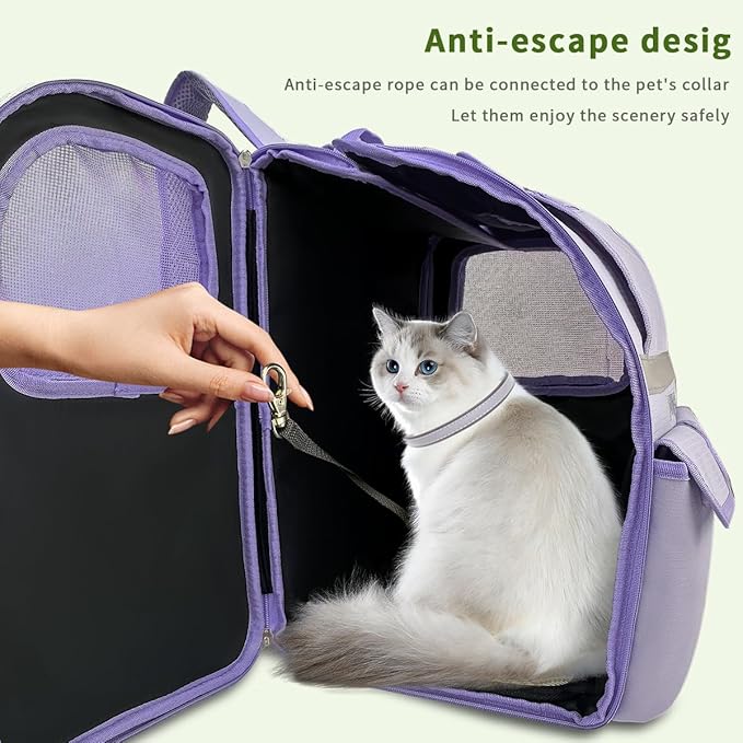 Cat Backpack Carrier, Pet Backpack for Small Dogs, Medium Cats, UP to 16 lbs, Ergonomic 3D Design, Strap Hidden Storage Compartment Dog Backpack Carrier for Hiking, Camping and Vet Visits (Purple)