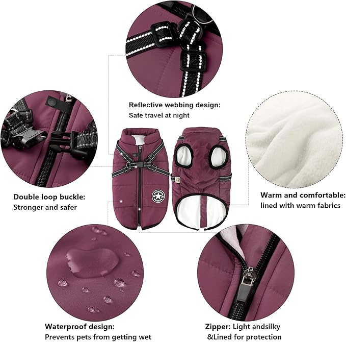 Aiboria Dog Jackets for Winter Windproof Waterproof 2 in 1 Outfit Cold Weather Coat Dog Vest Harness Puppy Winter Warm Jacket Purple S