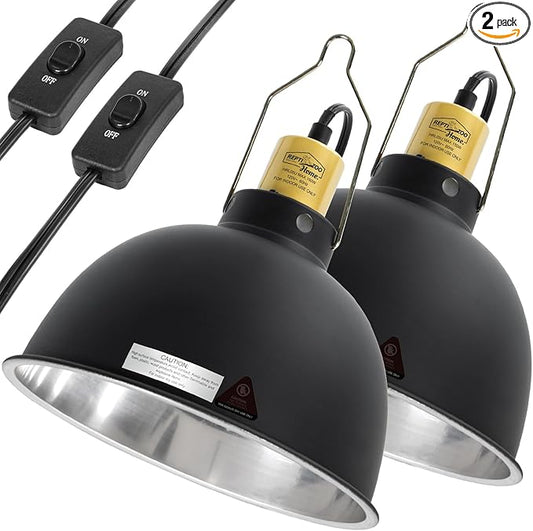 2 Pack Reptile Light Fixture, 8.5in Deep Dome Reptile Heat Lamp Fixture with Switch, Dual Terrarium UVB Basking Light Fixture for Chameleons Chicks, Suitable for E26 Bulbs Up to 150W