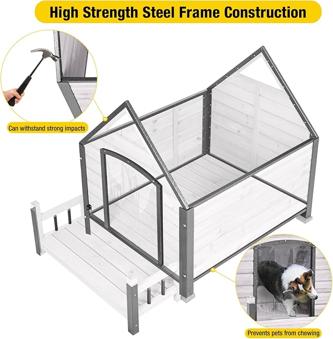 Dog House Outdoor,Dog Kennel Outside for Large Breed,Weatherproof Large Dog Shelter with Anti-Chewing Iron Frame (White-N, 45" D x 32.9" W x 32.6" H)