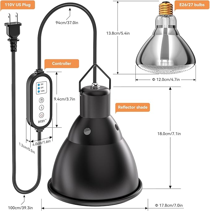 Reptile Light Fixture,7inch Deep Dome Reptile Light Fixture with 3/6/12 Timer,Infrared Reptile Heat Lamp Max 150W Blub, for Turtle Bearded Dragon Lizards Snake, 1PCS 150W Bulb Included