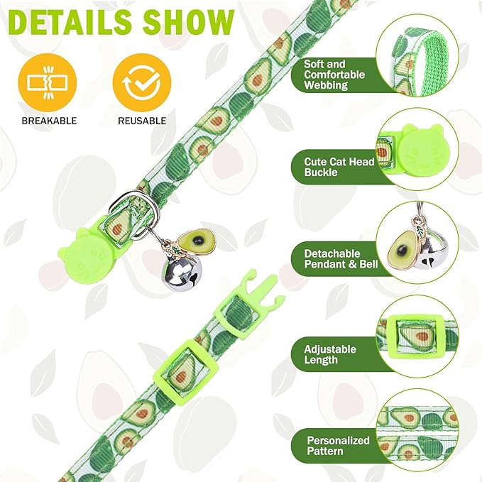 SCENEREAL Cat Collar with Bells, 2 Pcs Breakaway Cat Collars with Adustable Bowtie, Safety Kitten Collar for Boy Girl Cats Puppy, Cute Spring Summer Butterfly & Avocado Pet Collar, Green & Purple