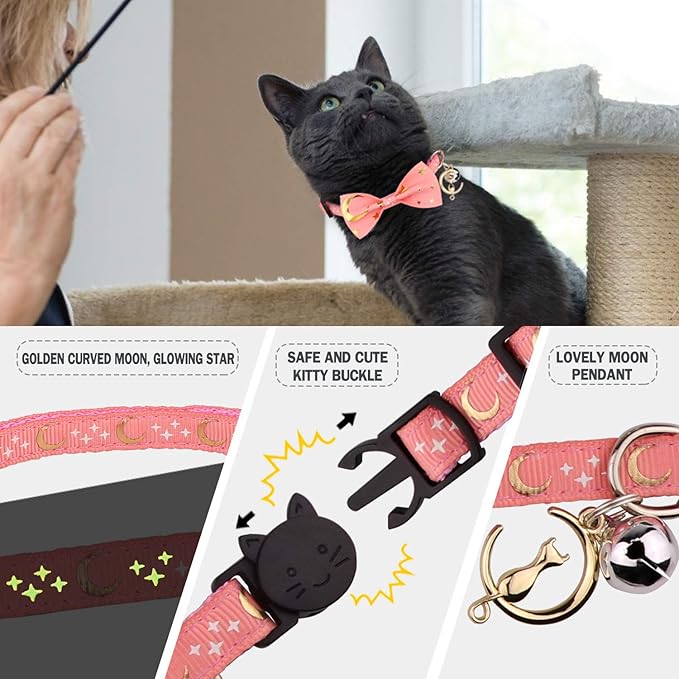 2 PCS Breakaway Cat Collar with Bow Tie and Bell Golden Moon Glowing Star in The Dark for Kitten(Purple&Pink)