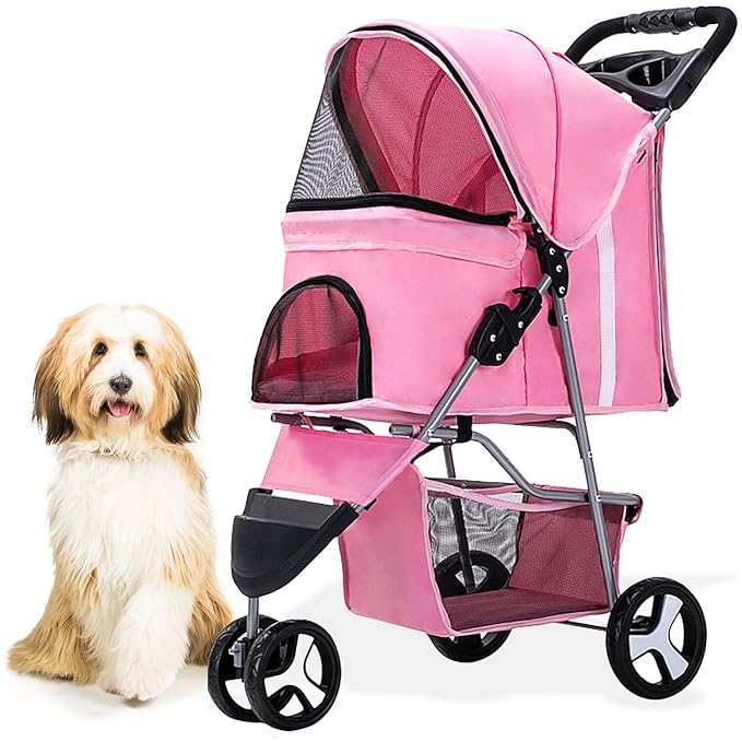 Critter Sitters 3-Wheel Jogging Dog Stroller with Storage Basket and Cup Holders, Modern and Stylish Pet Stroller for Medium Sized Animals up to 33 Pounds, Pink