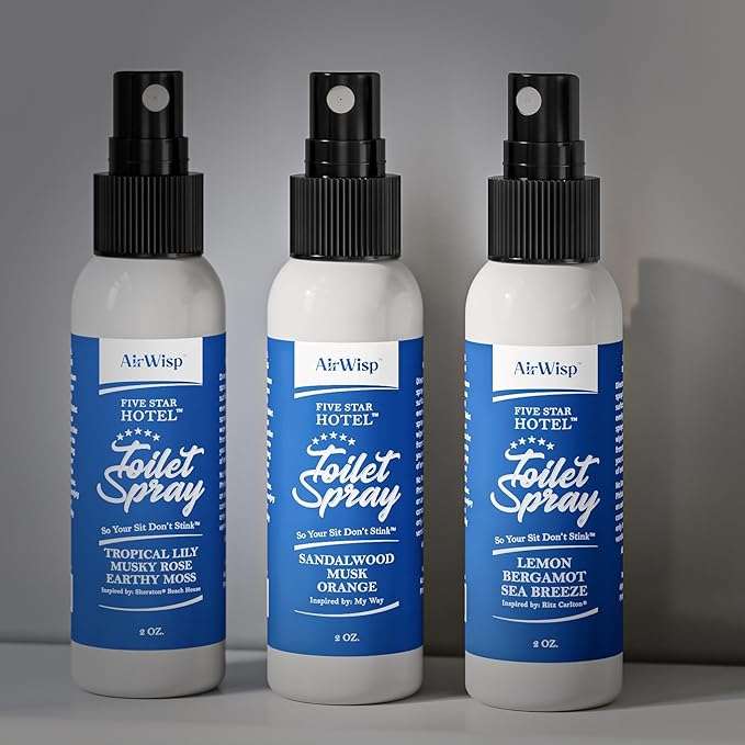 AirWisp Toilet Spray 3 Pack Variety Pack - Pre-Poop Spray Odor Eliminator - Most Popular Hotel Picks - 2 oz. Bottles - Up To 100 Uses Per Bottle - Travel Toiletry