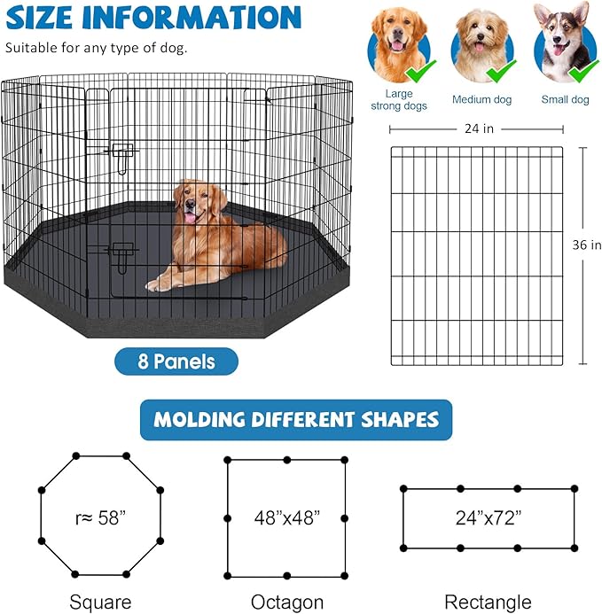 Peekaboo Dog Pen Pet Playpen Dog Fence Indoor Foldable Metal Wire Exercise Puppy Play Yard Pet Enclosure Indoor Outdoor 8 Panels 36 Inch with Bottom Pad/Top Cover(Black 36 Bottom Cover)