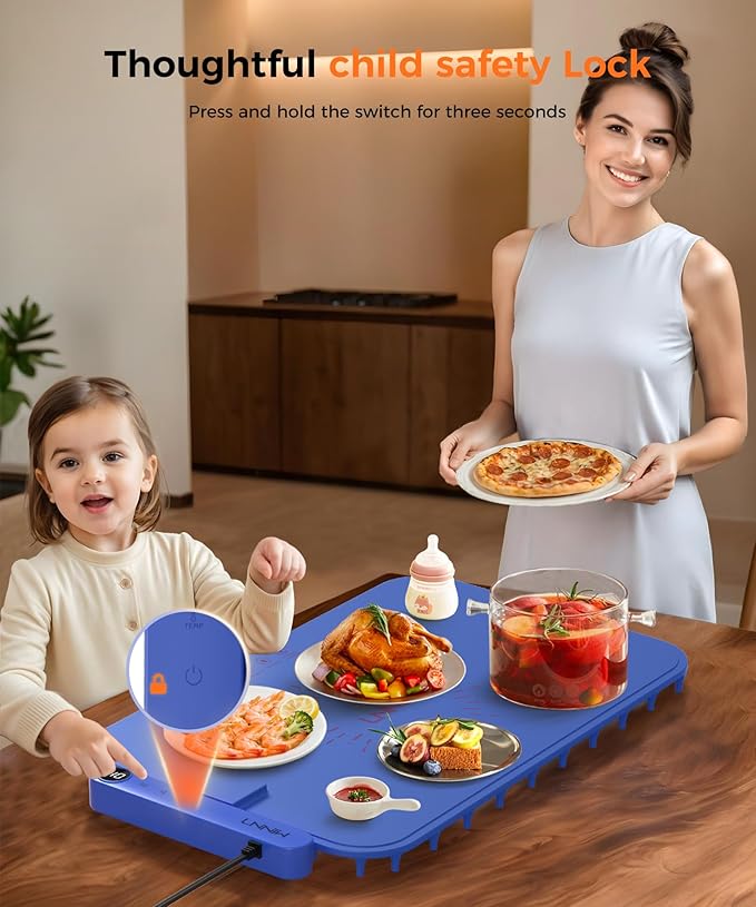Waterproof Food Warming Mat, Color-Changing Electric Heating Tray with 6-Level Temperature Control, 1-6h Timers, Dishwasher-Friendly Food Warmer Mat for Parties, Buffets, and Kitchen Use.