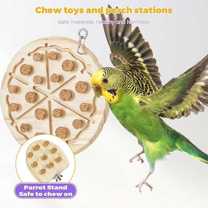2 Pcs Bird Chew Toy Wooden Foraging Toys, Hanging Wooden Puzzle Foraging,Parrot Cork Stopper Toys Birds Feeding Toy,2 Pcs Bird Cage Food Holder Fruit, for Small and Medium Parrots(F)
