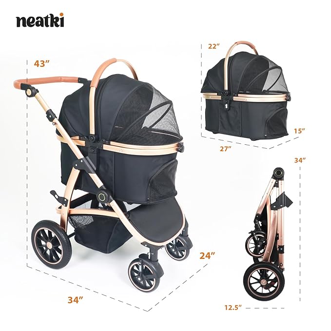 3 in 1 Pet Stroller - Stroller for Small to Medium Dogs and Cats up to 55 lbs, with Detachable Carrier/Car Seat, Foldable and Lightweight, Detachable Cushion + Cup Holder (Black/Gold)