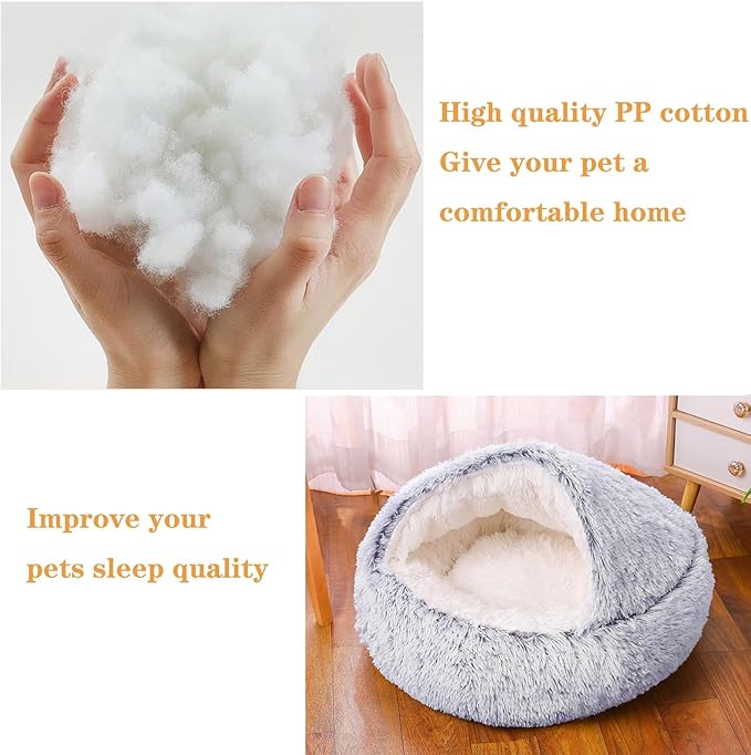 Calming Self Warming Kitten Bed, Round Hooded Cat Cave Indoor Puppy Sleeping Faux Fur Warm Soft Plush Donut Cuddler, Non-Slip Bottom Cat Cushion, Machine Washable