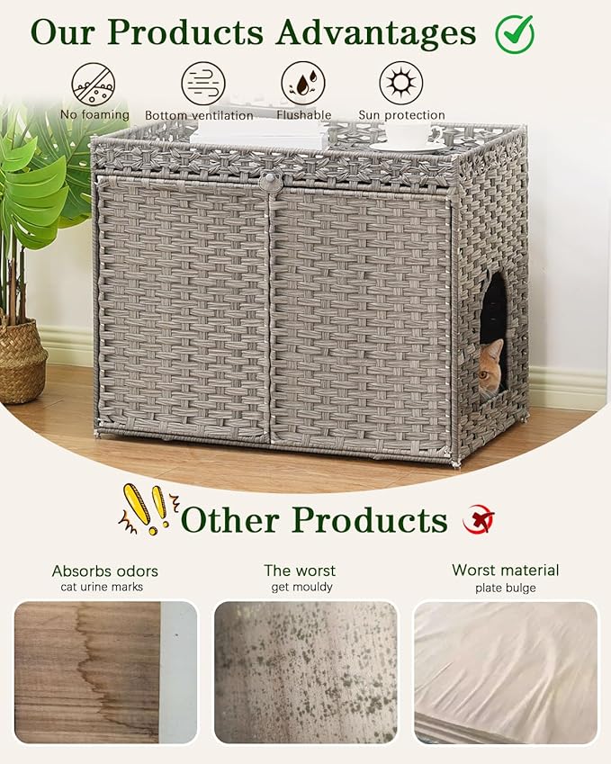 Cat Litter Box Enclosure Furniture, Handwoven Rattan Hidden Litter Box with Mat, Large Space Cat House with 2 S-Shaped Hooks 30.3 x 18.3 x 24.4 Inches, Indoor for Living Room Apartment Gray