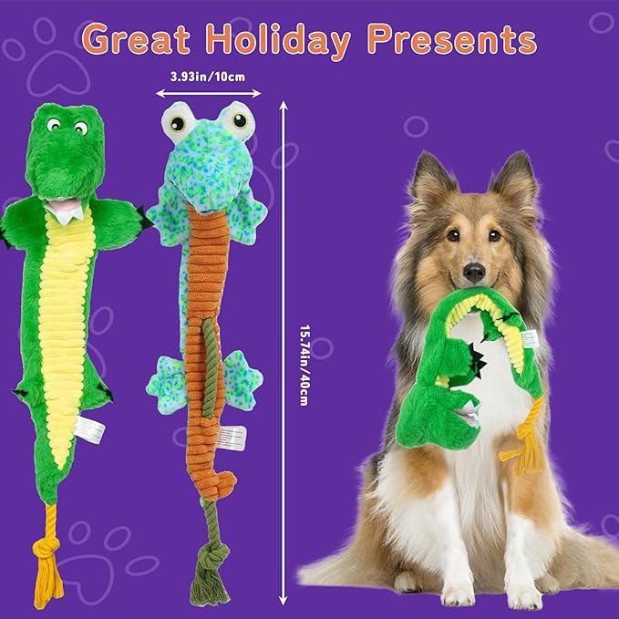 Crinkle Dog Toys Squeaky Plush No Stuffing Cute Puppy Stuffless Tough Rop Pull Toy, Fun Dog Stuffed Animals Durable Chew Set for Small Medium Large Pup (Large, Lizard+Alligators)
