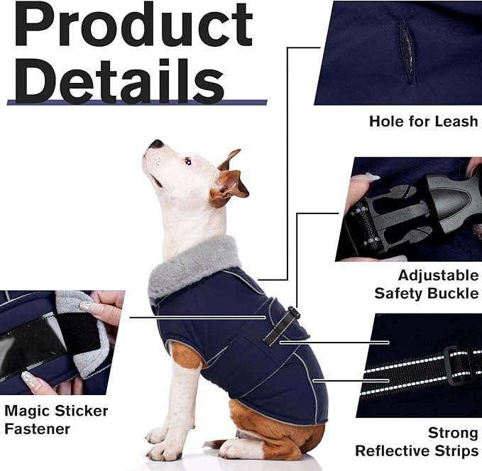Lelepet Warm Dog Coat Reflective Fleece Vest Waterproof Dog Jacket with Adjustable Buckle Hook & Loop Windproof Cold Weather Coats for Small Medium Large Dogs, Navy Blue, S