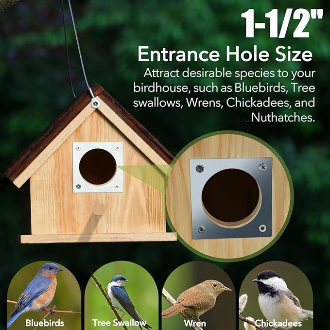 Wooden Bird Houses for Outside Hanging – Natural Pine Birdhouses for Outdoors with Bark Roof, Bluebird Nesting Box with Predator Guard for Wrens, Finches, Swallows, Nuthatches, Pre-Assembled
