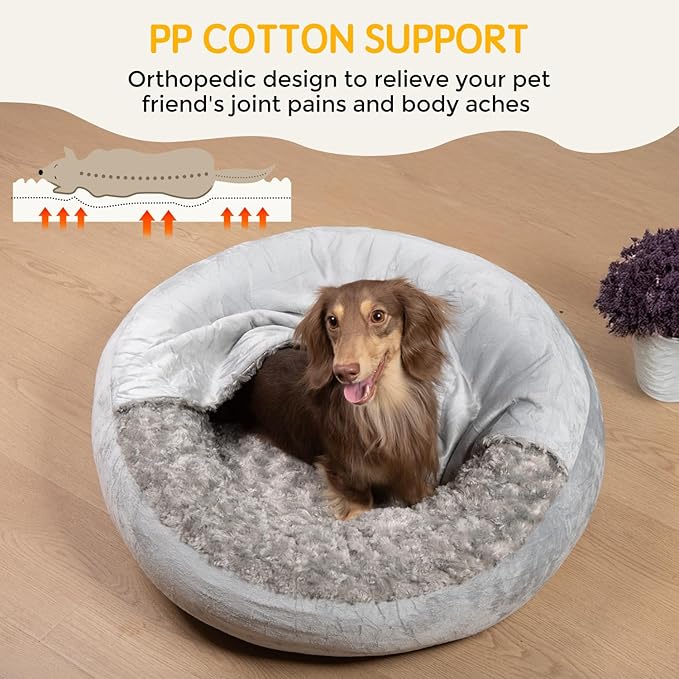 Cave Dog Bed with Blanket Donut Round Plush Cozy Cat Pet Bed for Puppy Machine Washable Removable Cover Anti-Slip Bottom Gray 26X26X8 inch