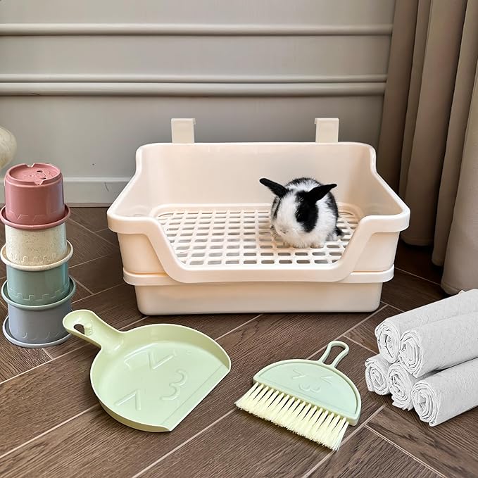 Large Rabbit Litter Box w/Plastic Grid & Dump Tray-Bunny Litter Pan Small Animal Potty Toilet - Pet Bunny Supplies Rabbit Cage Accessories for Training Corner Litter Box (Cream)