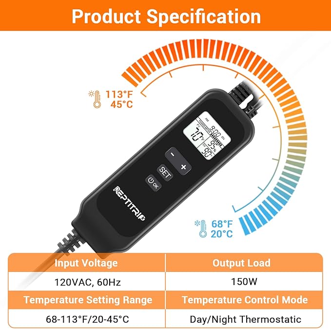 8.5-Inch Day/Night Thermostatic Reptile Heat Lamp with 150W Ceramic Heat Emitter (Non-Light Emitting) - Heat Lamp Temperature Controller for Bearded Dragons, Snakes & Lizard, E26