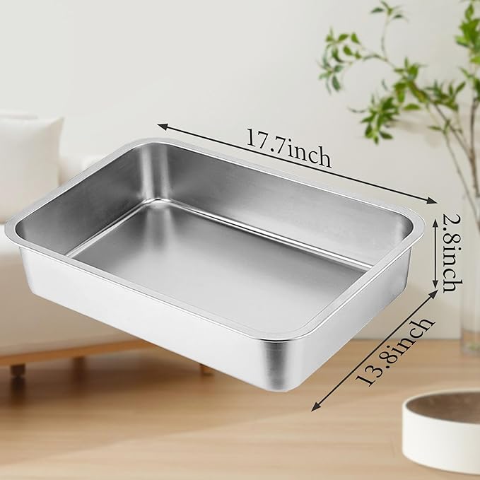 Stainless Steel Litter Box for Cats,17.7"×13.8"×2.8" Metal Litter Pan Low Entry for Small Kittens and Senior Cat,Shallow Litterbox for Guinea Pig,Puppy,Hamsters Toilet