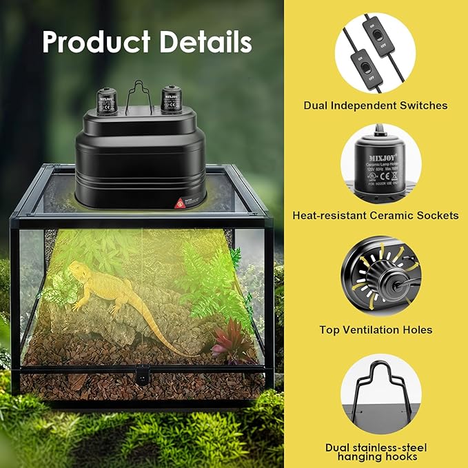 MIXJOY Dual Reptile Light Fixture, Max 160W Each Reptile Heat Lamp Fixture with Separate Switches, Fits Reptile Light/Heat Lamp/UVB Light for Lizards, Turtles, Snakes, and Amphibians