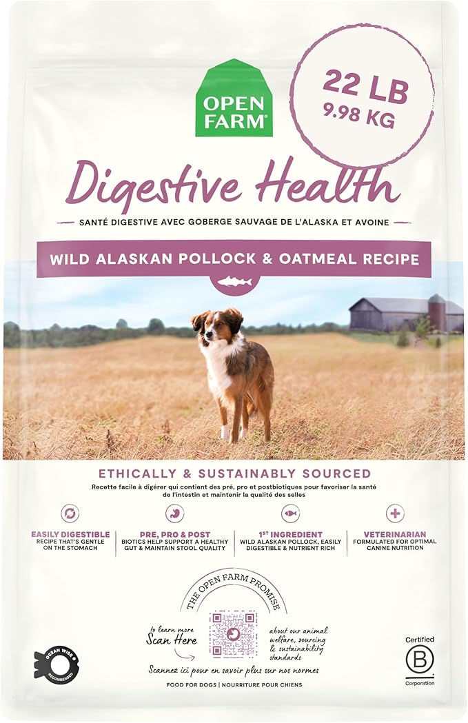 Open Farm, Digestive Health Dog Food, Veterinarian Formulated Easily Digestible Formula with Probiotics for Dogs, Wild-Alaskan Pollock & Oatmeal Recipe, 22lb Bag