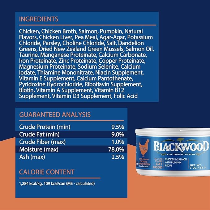 Blackwood Wet Cat Food, Chicken & Salmon with Pumpkin Recipe for All Life Stages, 3 Ounce Can (Pack of 12), Slow Cooked, Grain Free