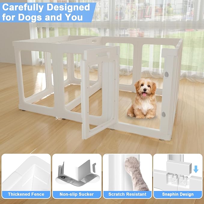 12 PCS Panoramic Clear Acrylic Dog Playpen with 2 Doors, Acrylic Plastic Dog Playpen for Small Dogs Indoor, Unobstructed Dog Fences Indoor Easy to Clean, 23.6" H Portable Medium Cage with Tool-Free