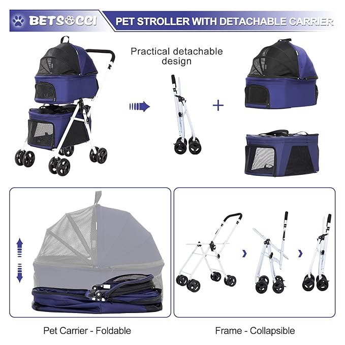 Double Dog Stroller with 2 Detachable Carrier, Portable Pet Stroller for Small Dogs & Cats Folding Lightweight Puppy Travel Carriage, 4 Wheels, Blue