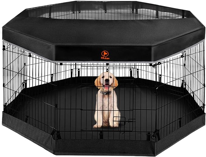 PJYuCien Dog Playpen - Metal Foldable Dog Exercise Pen, Pet Fence Puppy Crate Kennel Indoor Outdoor with 8 Panels 24”H & Top Cover and Bottom Pad for Small Medium Pets