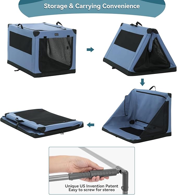 PETSFIT Portable Dog Crate, with Patented Adjustable Fabric Cover, Chewproof & Lockable Mesh Doors, Waterproof Base Collapsible Kennel Blue 36 Inch