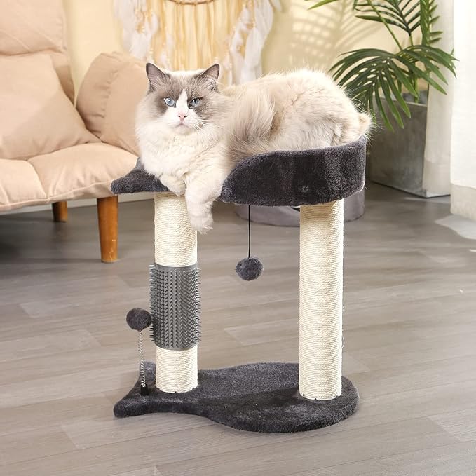 Cat Tree Tower, Multifunction Cat Scratching Post for Indoor Cats Featuring with Fish-Shaped Rest Platform Cat Self Groomer Danging Ball Spring Ball, Grey