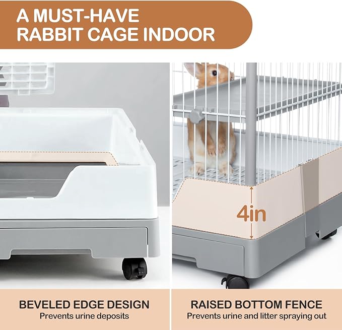 OIIBO Deluxe Rabbit Cage, 32" × 21" × 26" Large Space Bunny Cage Foldable Small Animal Cage with Pull Out Tray and Caster Platform, Professional Household Anti-Spray Urine Rabbit Cage Hutch Indoor