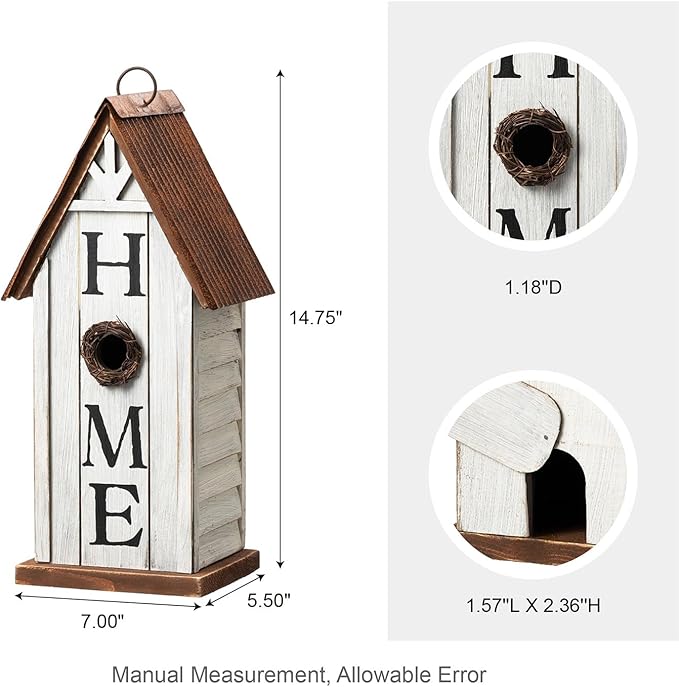 Glitzhome Decorative Bird Houses for Outdoors,14.75" H Distressed Bluebird House Solid Wood Hanging Bird House Home Inspiration Decorative Pet Cottage Outdoor Garden Birdhouse,Washed White