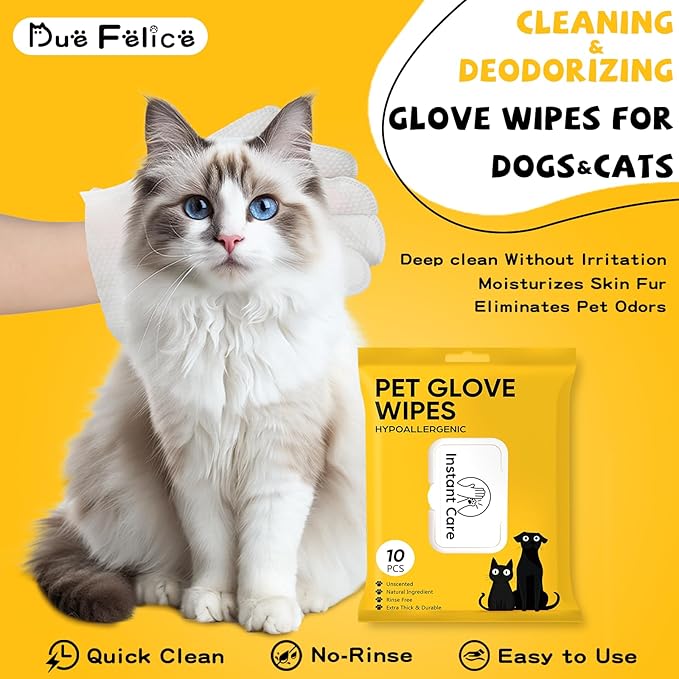 Pet Glove Wipes for Dogs Cats Disposable Dog Wipes Cleaning Deodorizing for Fur Paws and Butt Rinse Free Shampoo Mittens Cat Grooming Bath Wipes 20PCS