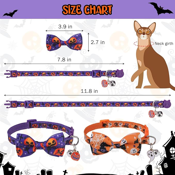 SCENEREAL Cat Collar Breakaway Halloween Theme 3 Pack, Safety Collars, Pet Accessory for Outdoor and House Cats Kittens, Orange Purple