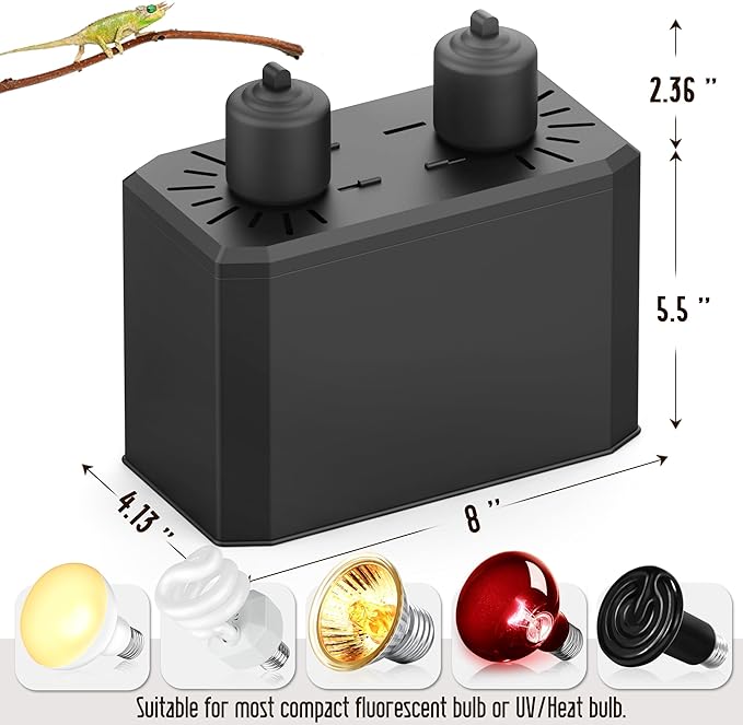 Reptile Dual Light Fixture 2 in 1 Deep Dome Lamp Hood, Reptile Heat Lighting Lamp Fixture with Individual On/Off for Reptile Glass Terrariums Suitable UVB UVA Bulb (S)