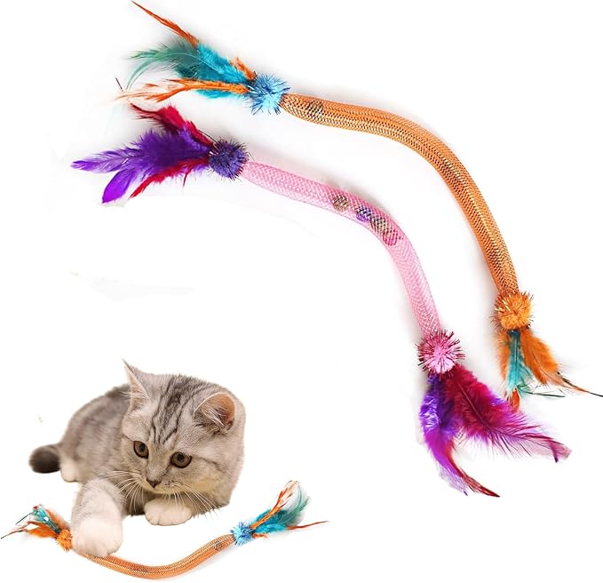 Cat Toys for Indoor Cats โ 2 Pack Feather Toys with Pom-Pom & Bells, 19.5 Inch Teething Cat Toys Bundle for Chew, Cat Spiral Spring, Kitten Teething Toys