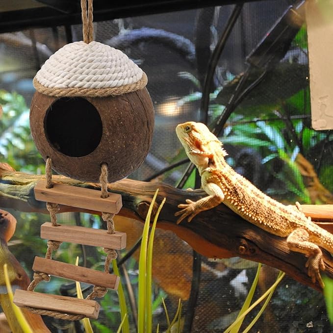 Leopard Gecko Coconut Hut with Ladder,Grested Gecko Coco Den Lizards Hanging Coconut Shell Hideout Cave Reptiles Tank Accessories Climbing Hanging Plants Jungle Vine Flexible Leaves Decor