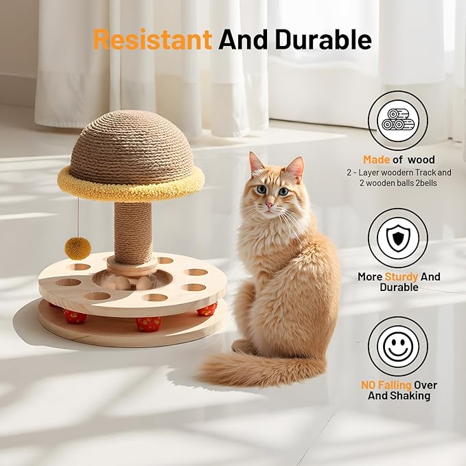 Sisal Cat Scratcher for Indoor Cat Kitten Mushroom Cat Scratching Post with Hanging Ball,Solid Wooden 2 Level Track,Interactive Toy