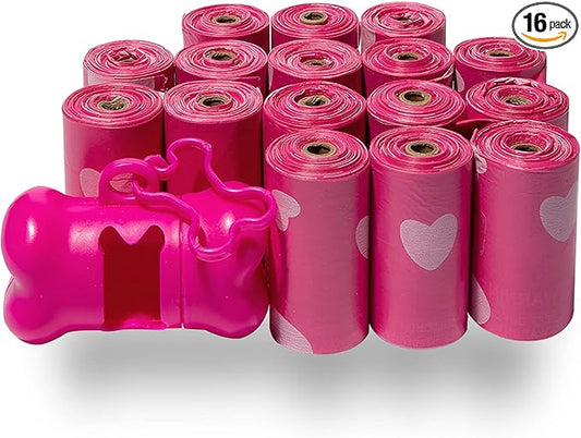 Best Pet Supplies Dog Poop Bags (240 Bags) for Waste Refuse Cleanup, Doggy Roll Replacements for Outdoor Puppy Walking and Travel, Leak Proof and Tear Resistant, Thick Plastic - Pink Heart