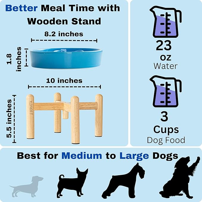 Ceramic Slow Feeder Dog Bowls, Raised, 3 Cups Elevated Slow Feeder with Wooden Stand for Medium Large Breed, Puzzle Dog Food Bowl (Blue)