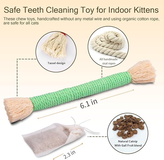 Retro Shaw Cat Toys, 6Pcs Catnip Chew Ropes, Safe Durable Kitten Teething Toys for Indoor Cats, Kitty Kicker Sticks Dental Toy for All Breeds