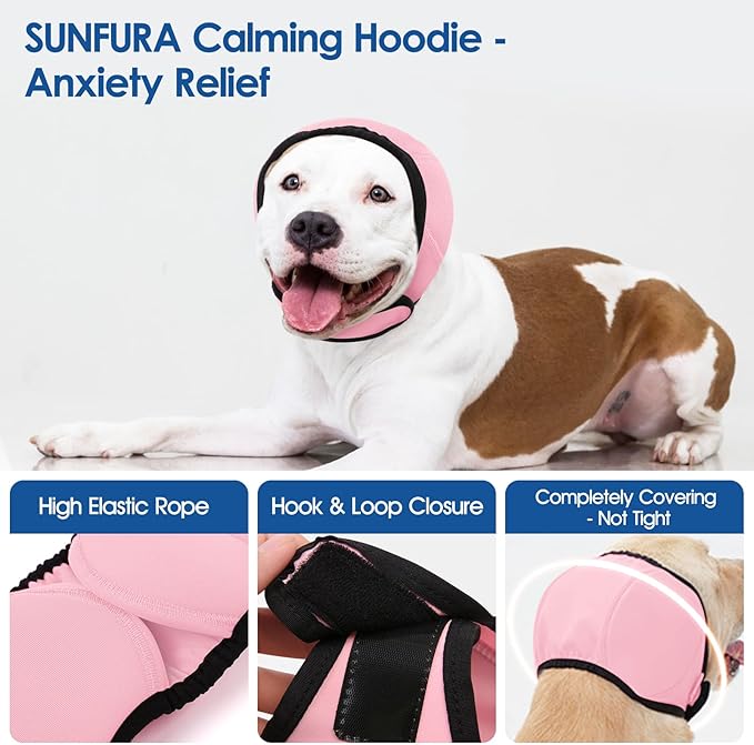 SUNFURA Dog Calming Hoodie - Anxiety Relief Quiet Ears for Dogs, Dog Ear Muffs Cover Noise Protection, No Shake Head Wraps Hematoma for Grooming, Force Drying, Bath, Light Pink S