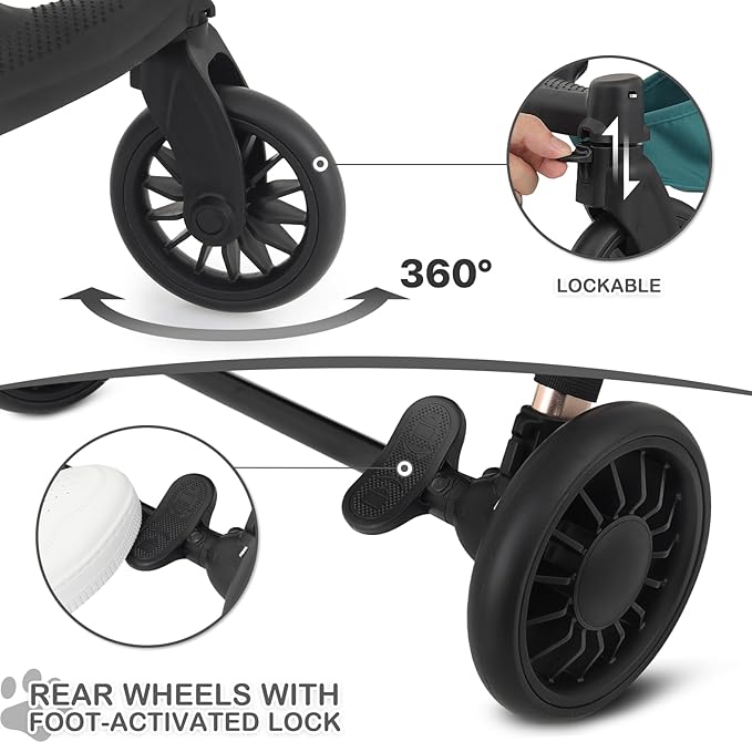 MoNiBloom 3 in 1 Pet Stroller with Adjustable Handle, Jogging Stroller w/Detachable Carrier & Lightweight Aluminum Frame for Dogs Cats, Hunter Green