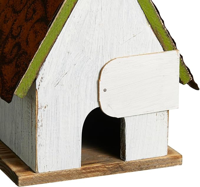 Glitzhome 8.25" H Solid Wood Decorative Hanging Bird House Distressed Cottage Outdoor Garden Birdhouse with 3D Metal Roof and Flower