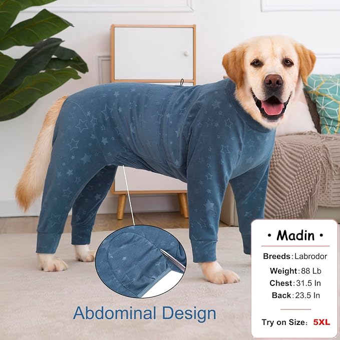 Dog Coats Autumn Winter Jumpsuit for Large Medium Dogs, Warmer Recovery Suit Polar Fleece Dog Bodysuit Lightweight Pajamas Pullover Stretchy Onesie Four-Legged Cold Weather Clothes(5XL, Blue)